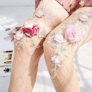 Haute Couture Pearl & 3D Pink Flowers Nude Fishnet Stockings